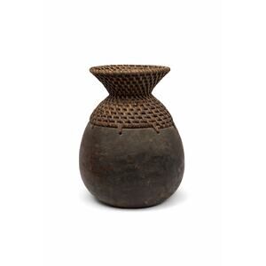 Vintage Philippine Wooden Vase Woven Rattan Neck 1970s Boho Rustic Organic Decor